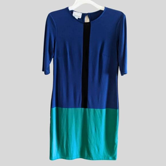 Donna Morgan Dress Womens Size 2 Blue Green Black Colorblock Sheath Work Party - Picture 1 of 8